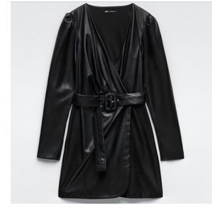 ZARA black faux leather wrap mini dress